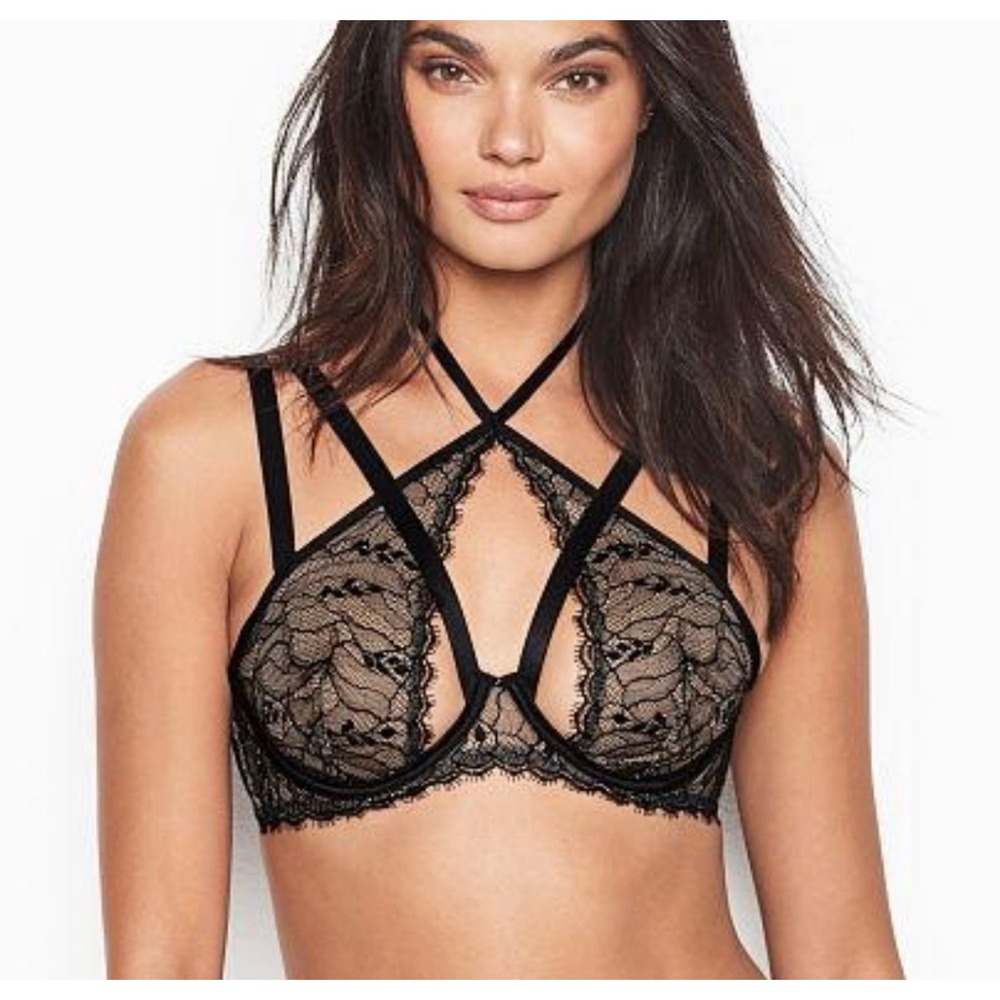 Victoria's Secret Black Lace Unlined Demi Bra Strappy Halter Cage 32D D70